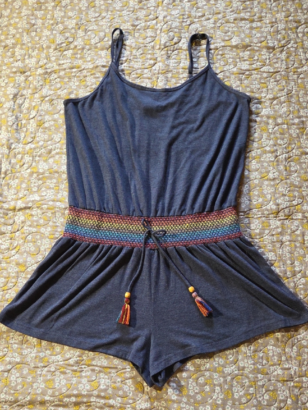 Women’s Navy Sleeveless Romper with Multicolor Crochet Waist